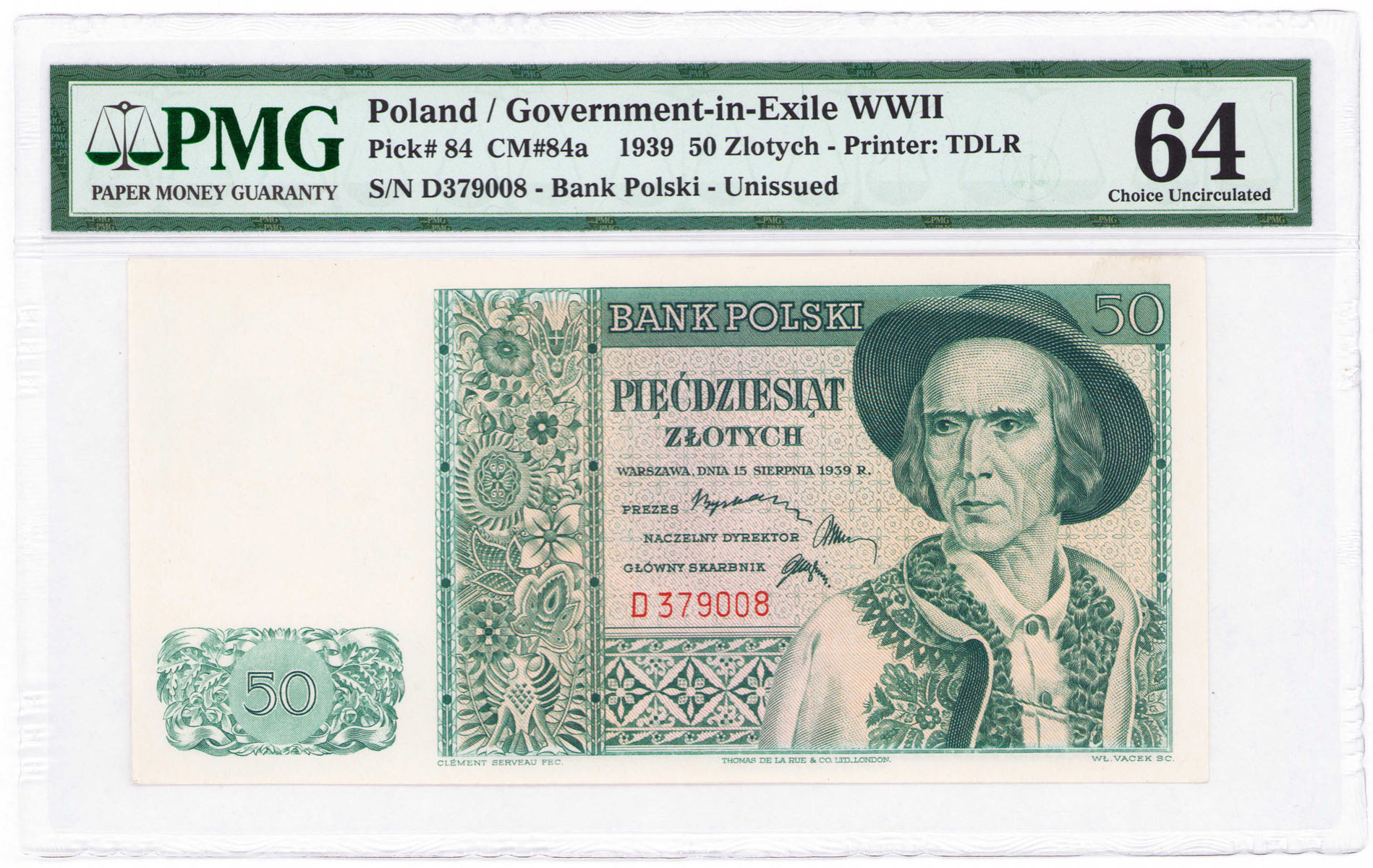 Emigracja 50 złotych 1939 seria D, PMG 66 EPQ - RZADKOŚĆ R6